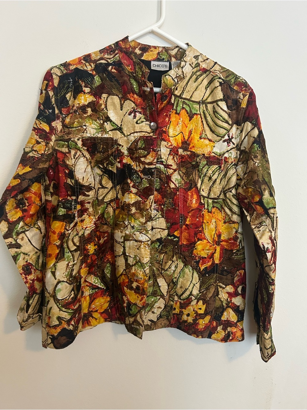 Chicos size 1 floral pattern long sleeve silk jacket